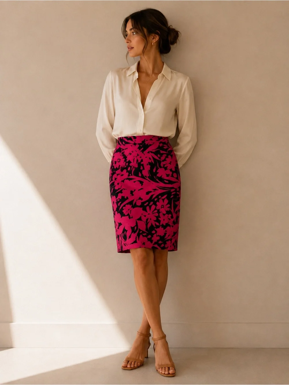 Fuchsia Floral Print Preppy Pencil Skirt Size 10